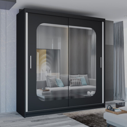 (Black, 180cm) Marika Mirrored Sliding Wardrobe