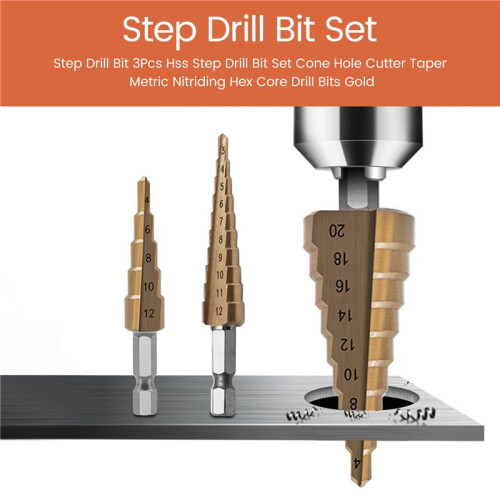 Step Drill Bit 3Pcs Hss Step Drill Bit Set Cone Hole Cutter Taper Metric Nitriding Hex Core Drill Bits Gold 1