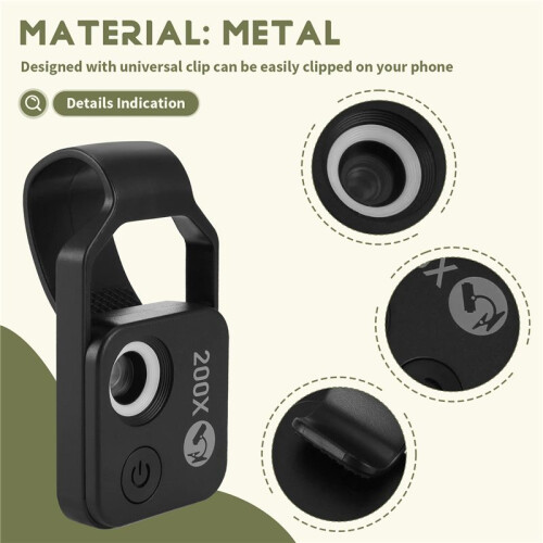 200X Cell Phone Microscope Accessory with Window Microscope, Portable  Digital Microscope with LED Light/Universal Clip 2