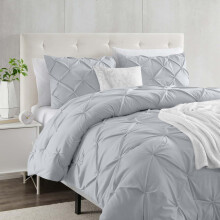 (Super King, Silver) Moonlight Pintuck Duvet Cover with Pillowcases-Soft Microfiber Duvet Cover Set