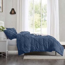 (Double, Navy Blue) Moonlight Pintuck Duvet Cover with Pillowcases-Soft Microfiber Duvet Cover Set