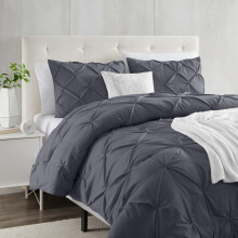 (Double, Grey) Moonlight Pintuck Duvet Cover with Pillowcases-Soft Microfiber Duvet Cover Set