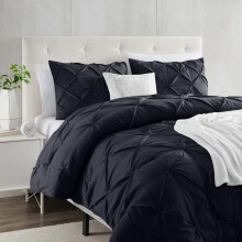 (Double, Black) Moonlight Pintuck Duvet Cover with Pillowcases-Soft Microfiber Duvet Cover Set