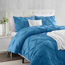 (Double, Washed Blue) Moonlight Pintuck Duvet Cover with Pillowcases-Soft Microfiber Duvet Cover Set