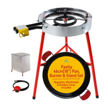 Camp&Fire 46cm Full Paella Set. Enamelled Steel Paella Pan with Windshield, Regulator, Gas Hose & Outdoor Cover, 12 Servings.