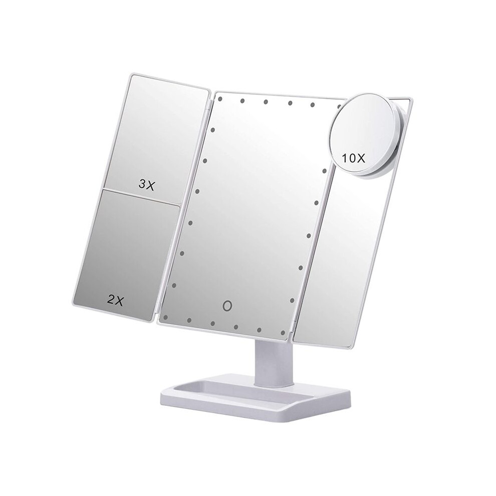 White Trifold Makeup Mirror With 22 Led Lights,10X/3X/2X Magnification Portable Fold Lighted Table Desk Cosmetic Mirror,