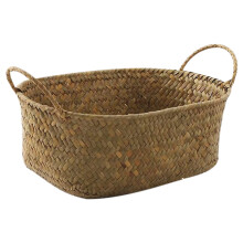 Handmade Woven Storage Basket Straw Food Container Makeup Organizer Rattan Breadfruit Case Holder(M,27X17X11cm)