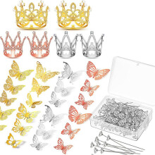 166 Pcs Crown Decor for Flower Bouquet with 6 Crown Cake Topper 100 Corsage Pins 60 Butterflies Multicolor