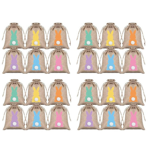 24Pcs Drawstring Gift Bags Easter Burlap Bag Drawstring Gift Bag Easter Bunny Linen Bag with Ail Gift Bag