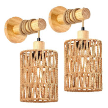 Rattan Rope Bedhead Wall Lamp Cylindrical Bedroom Light for Bedroom Farmhouse Countryside Decorative LightingLampshade,A