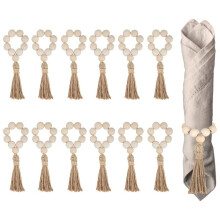 12 Stück Serviettenringe Aus Natürlichen Holzperlen mit Quasten, Serviettenhalter für Weihnachten, Bauernhaus, Hochzeit, Heimtischdekoration