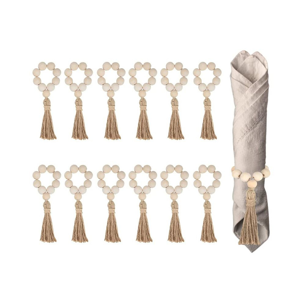 Semoic 12Pcs Natural Wooden Beads Napkin Rings With Tassels Napkin Holders For Christmas Farmhouse Wedding Home Table Decor