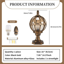 1 StüCk Draussen Pillar Lampe Globe Glasschirm TüR Pfosten Lampe Wasserdichte Antike Beleuchtung Regendichtes Pillar Licht,Schwarzes Gold