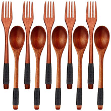 Wooden Spoons Forks Set Japanese Style Wooden Utensils Set for Eating Wood Flatware Set Reusable (Black Cords,10 Pieces)