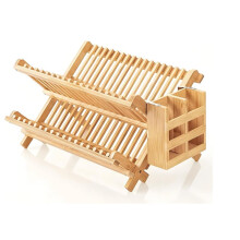 Dish Drying Rack 2-Tier Bamboo Dish Rack for Kitchen Counter Wooden Dish Drainer with Foldable Space-for Dishes, Plates