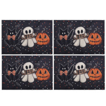 Manteles Individuales de Halloween con Diseño de Gato y Calabaza Fantasmal de Lunares, Decoración de Mesa de Otoño de Temporada