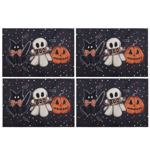 Polka Dot Ghostly Pumpkin Cat Halloween Placemats Seasonal Fall Table Decor