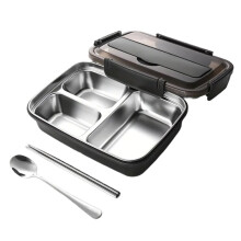 Easy-Clean Container for Students & Office Workers,Leak-Proof Stainless Steel Lunch Box with 3 Compartments Black