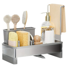Stainless Steel Sponge Rack with Drain - Multi-Functional Kitchen Bath Storage Box for Cleaning Supplies Towels Brushes Grey
