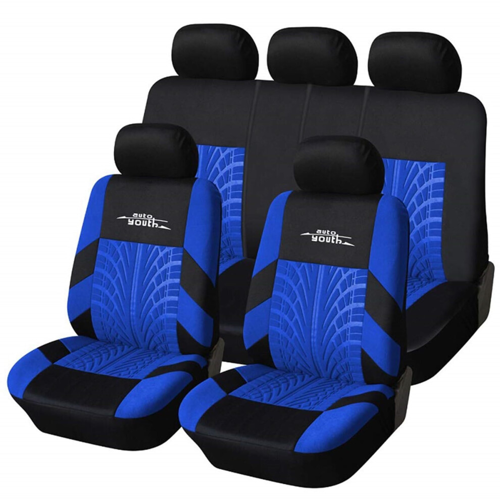 Autoyouth Car Seat Covers Universal Fit Full Set Car Seat Protectors Tire Tracks Car Seat Accessories - 9Pcs, Blue 8000003743531