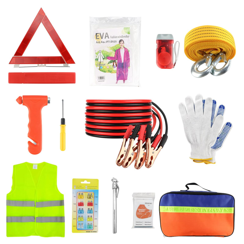 Car Emergency Breakdown Safety Kit 13-In-1 Vehicle Europe Roadside Assistance Travel Kit With Jump Leads,Tow Rope,Warning Triangle,Hi-Vis 8000003743708