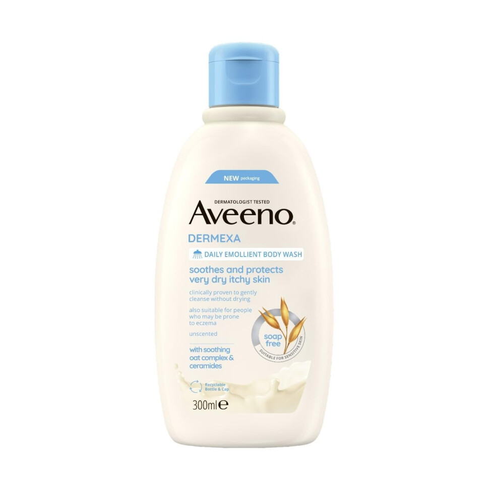 Aveeno Dermexa Daily Emollient Body Wash, Gently Cleanses And Soothes, For Very Dry Itchy Also Eczema Prone Skin, 300 Ml(Packaging May Vary)