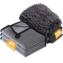 KEYAYE 5 Pcs Car Washing Kit with 3x Microfibre Cleaning Cloth and 2er Microfibre Wash Mitt, Dual-Sided Ultra Soft Drying Towels and Gloves for Car