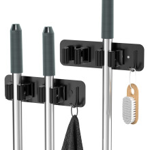 Cosicosy Mop Broom Holder, SUS304 Stainless Steel Mop Holder Wall Mounted 2 Racks with Hook Broom Hanger 2 Pcs Broom Holder Self-Adhesive/Perforated