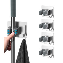 homeasy Mop Broom Holder, 4 Pcs Stainless Steel Self Adhesive Mop Holder Wall Mounted with Hooks Hanger Self-Adhesive Broom Holder for Bathroom,