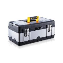 Holdfiturn ToolBox Storage 17 Inch Heavy Duty Stainless Steel Portable Toolbox with Metal Dual Latch Removable Tray Storage Case 2 Lid Organisers for