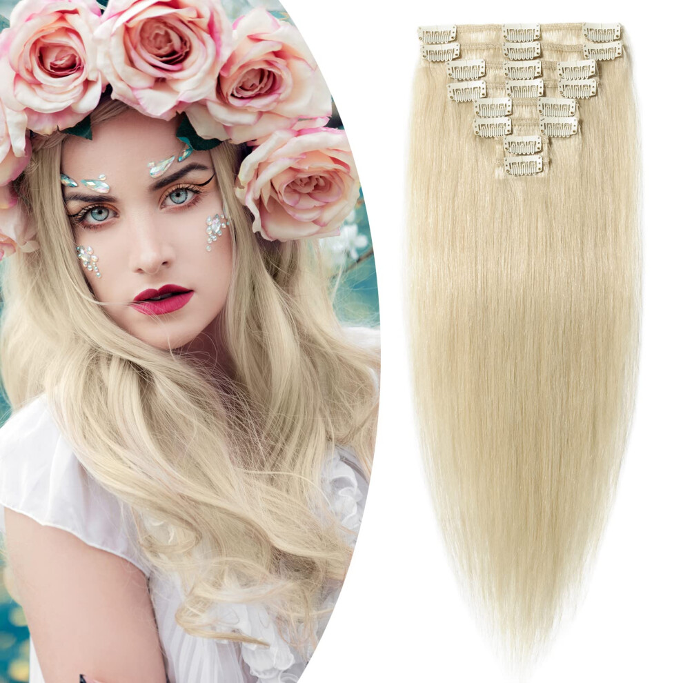 Sego 8"-24" Clip In Hair Extension Real Human Hair 100% Remy [#60 Platinum Blonde] 8Pcs Full Head Normal Weft Hair Pieces For Women Straight (8Inches,45G)