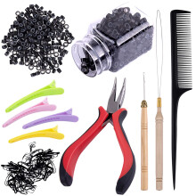 Duufin Hair Extensions Tools Kit 500 Pcs Black Micro Ring Beads 1 Pc Micro Beads Plier 2 Pcs Loop Needle Threader Pulling Hook 4 Pcs Plastic Alligator
