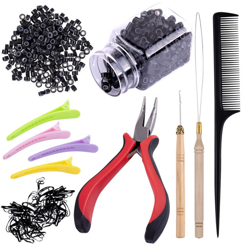 Duufin Hair Extensions Tools Kit 500 Pcs Black Micro Ring Beads 1 Pc Micro Beads Plier 2 Pcs Loop Needle Threader Pulling Hook 4 Pcs Plastic Alligator
