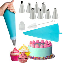 Silicone Piping Bags, 8 pcs Stainless Steel Nozzles Set with Coupler, 30cmx17cm-1 Reusable Icing Piping Bag with Cleaning Brush for Decorating Cakes,