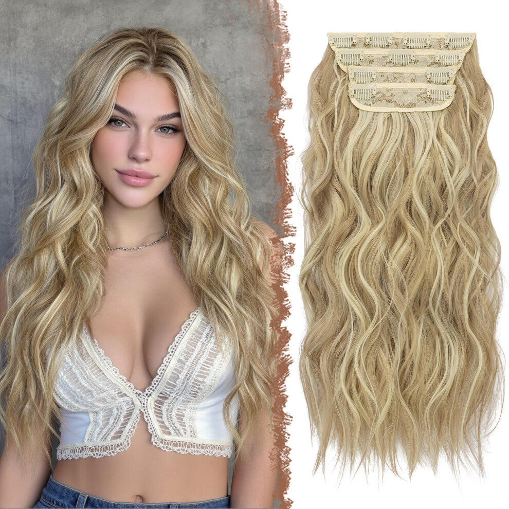 Feshfen Unisex Clip In Hair Extensions 4Pcs Dirty Blonde Thick Hair Piece Long Wavy Clip In Extensions Highlighted Full Head Synthetic Fiber Hairpieces For