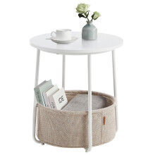 VASAGLE LET223W10 Small Round Coffee Table, Side Table with Fabric Basket, Storage for Living Room, Bedroom, Modern Style, Matte White and Camel Brown