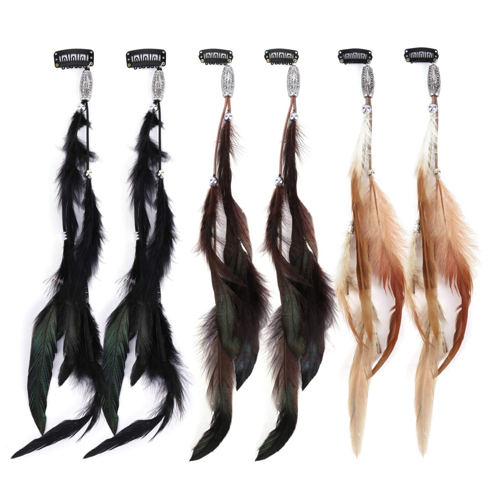 Mwoot 6Pcs Feather Hair Clips, Handmade Boho Hair Extensions With Clip Comb, Bohemian Hippie Hairpin Headdress Accessories, Halloween Cosplay Headwear