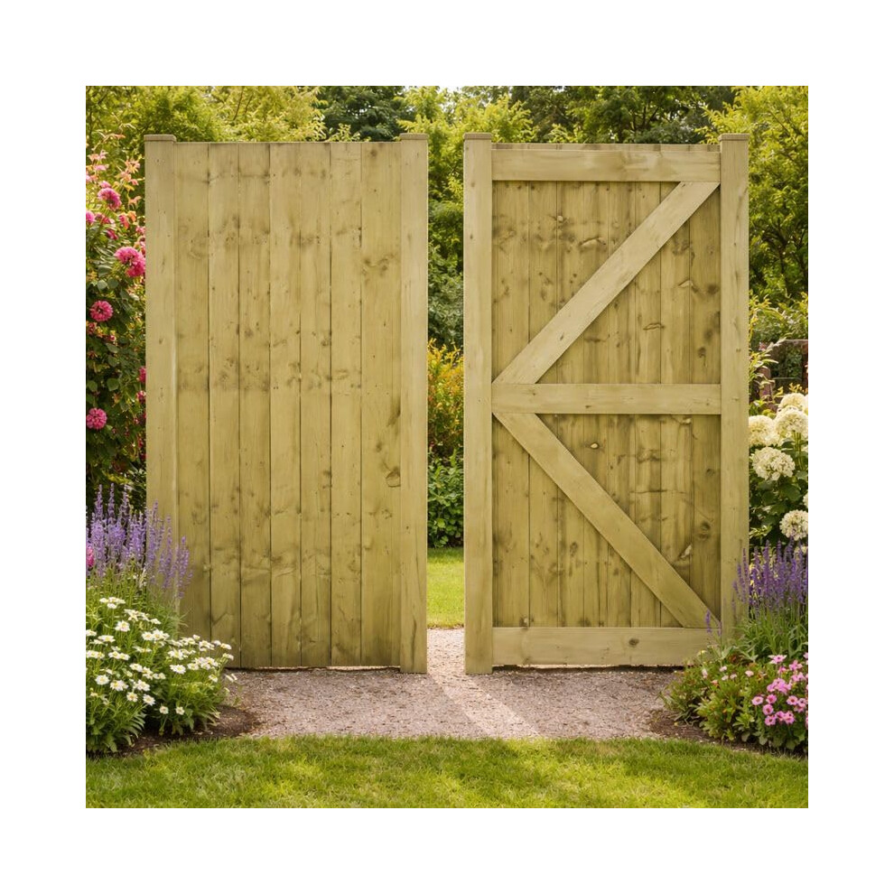 Md Carpentry Wooden Featheredge Garden Gate, Pressure Treated, 180Cm High X 90Cm Wide X 6Cm Deep, Green, Contemporary Garden Style 8000003756432
