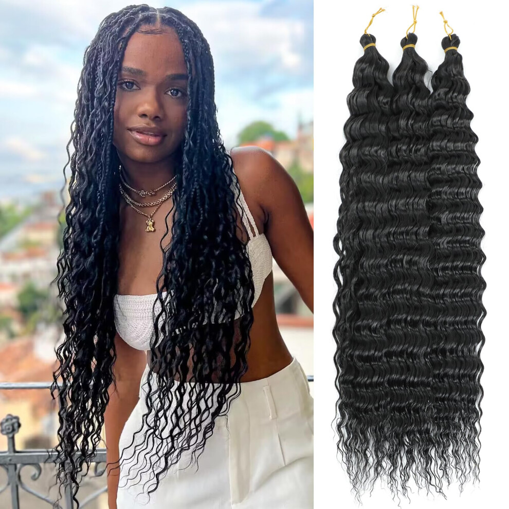 Mletulips Unisex Black Ocean Wave Crochet Hair Extensions Deep Wave Braiding Crochet Hair Soft Synthetic Curly Braiding Crochet Hair For Women (1B, 22 Inch