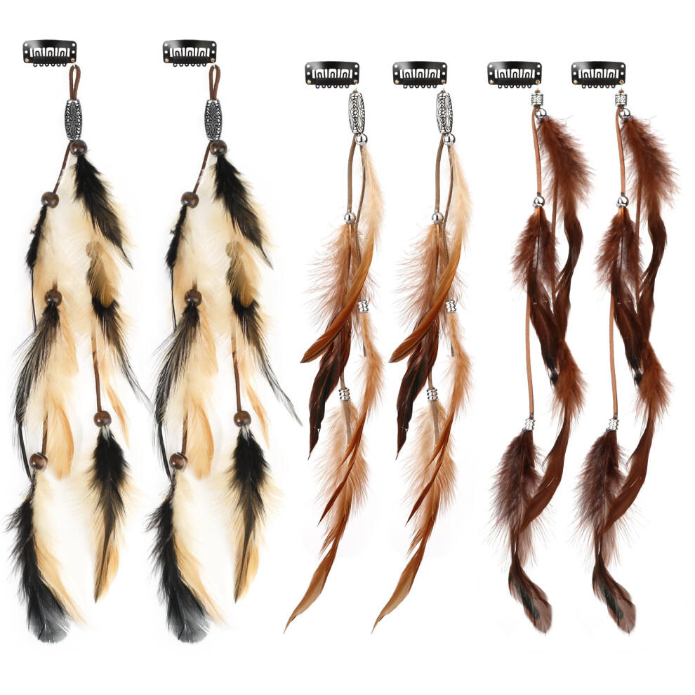 Mwoot 6Pcs Feather Hair Clips, Boho Extensions With Clip Comb, Hippie Accessories For Women, Indian Tassels Beads Feather Piece, Handmade Festival