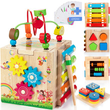 Wooden Activity Cube | 8-in-1 Montessori Toys for 12M+ Toddlers, One Year Old First Birthday Gift, Baby Toy Set with Bonus Sorting & Stacking Board
