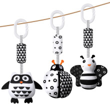 Aolso Baby Pram Pushchair Hanging Rattle Toys, 3 Pack Black and White High Contrast Sensory Educational Toys for Newborn Car Seat, Boys and Girls