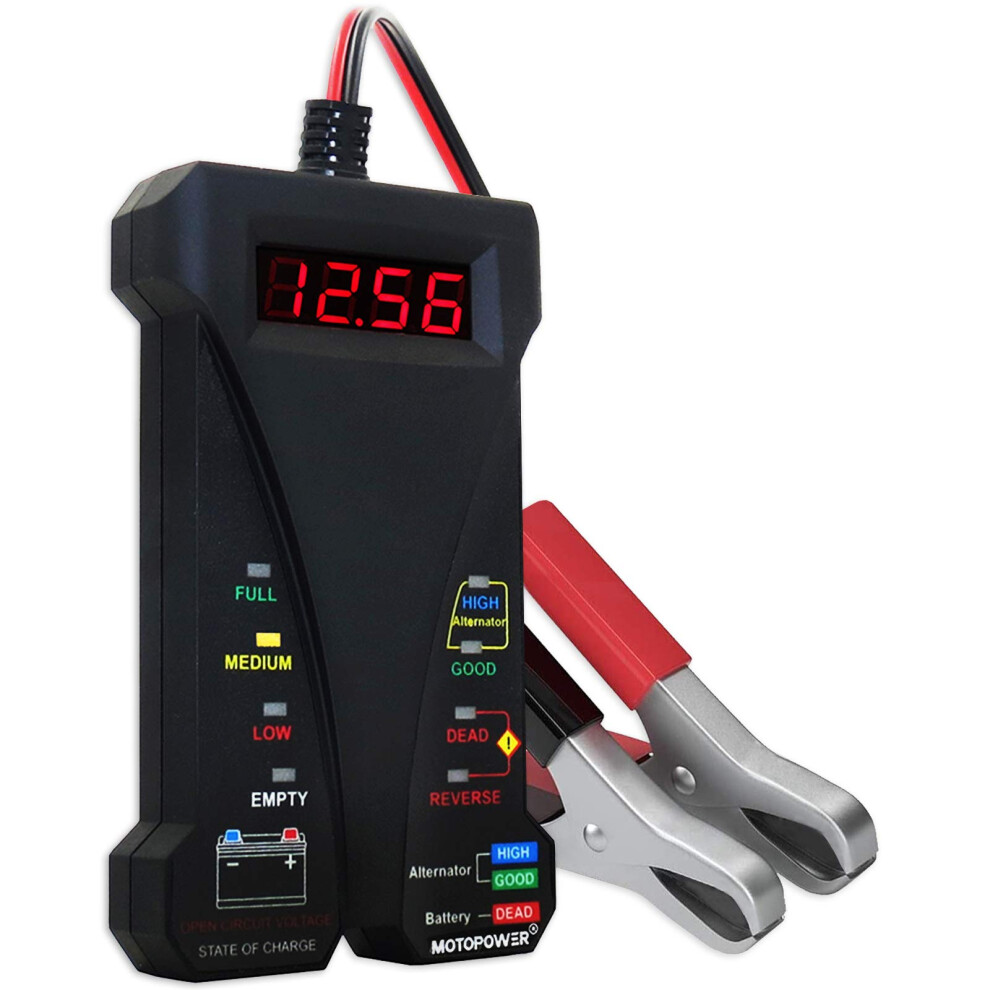 Motopower 12V Digital Battery Tester Voltmeter And Alternator Charging System Analyzer With Lcd Display And Led Indication, Rubber Paint Black 8000003744521