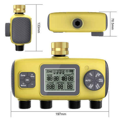 Automatic 4-Way Garden Irrigation Timer Watering Control, Threaded for BSP 3/4inch Four-Way Irrigation Timer 2