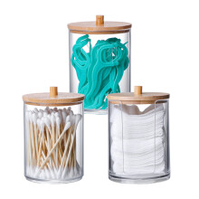 INCETUE 3PCS Cotton Pad Holder with Bamboo Lid for Bathroom Storage, Acrylic Cotton Swab Dispenser, Clear Round Cotton Wool Bud Jar for Vanity, Small
