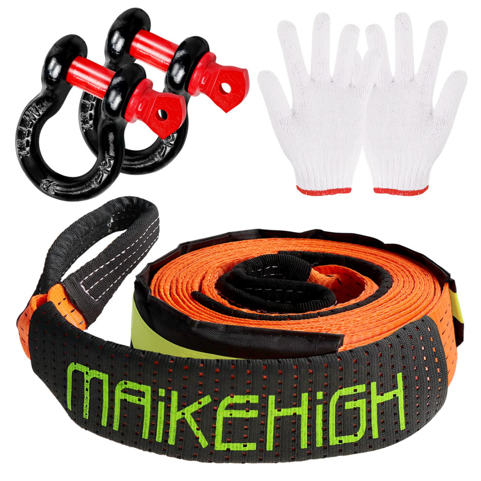 Maikehigh Tow Rope 5M X 5Cm,10 Ton (22,000 Lbs) Off-Road Recovery Tow Strap With 2 Anti-Proof Gloves, 2 Reinforced Shackles 8000003743630