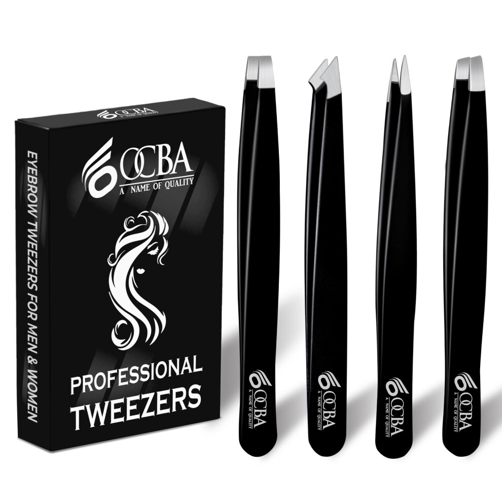 Ocba Black Tweezers For Facial Hair Women & Men For Precise Grooming Of Eyebrows - Professional Stainless Steel Color Coated Eyebrow Tweezers For
