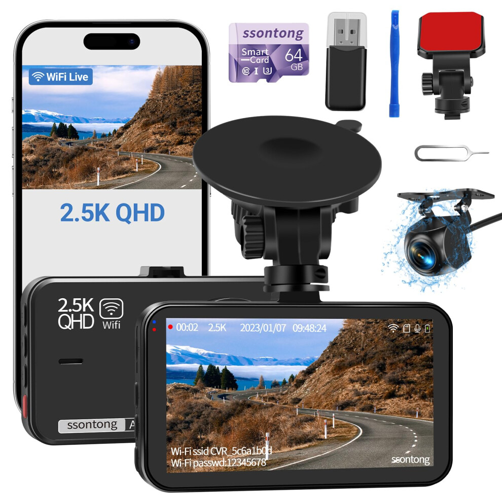 Dash Cam Front And Rear, Dashcam Wifi/App Control Car Camera Dash Cam W/ 64Gb Card, 2.5K Dash Cam Front + 1080P Rear Dash Camera W/Super Night Vision, 8000003742565