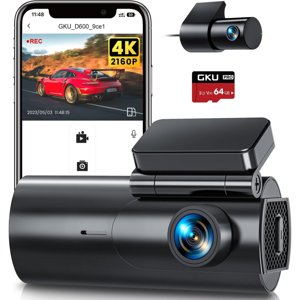 Gku 4K Dash Cam Front And Rear, 5Ghz Wifi Dashcam With 64Gb Sd Card, Dual Car Camera Dash Cam With Parking Monitor, Night Vision, Wdr, 170? Wide 8000003742497