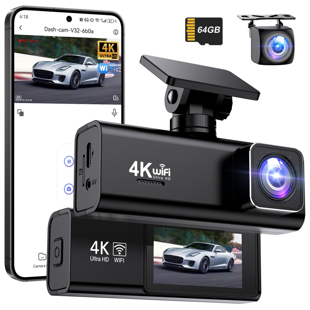 Savuscam Dash Cam 4K + 1080P, Wifi Dash Cam Front And Rear, 64Gb Sd Card Included, Dual Car Camera Dashcam With Night Vision, Wdr, 170? Wide Angle, 8000003742572